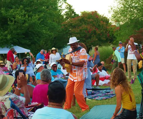 Picture of a group of people watching a man playing an instrument at the Potomac Jazz Festival.