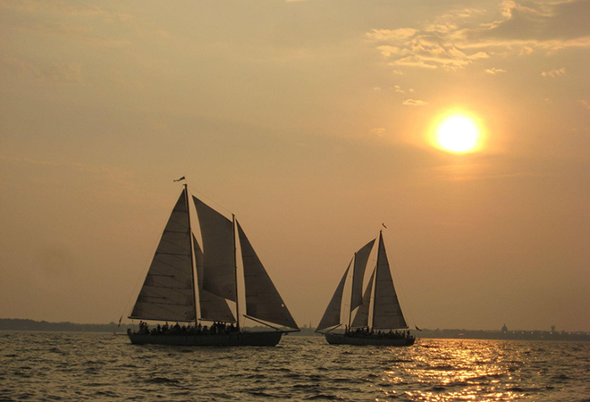 Picture of two schooner sail boats sailing on the Chesapeake Bay.
