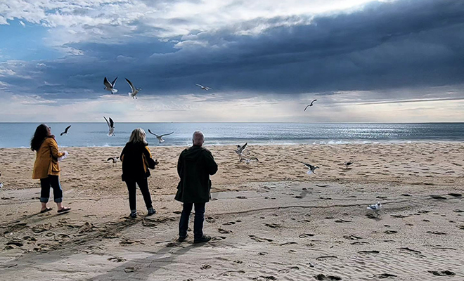 Picture of three people on the beach of Ocean City feeding the Seagulls.