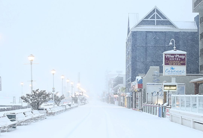 Picture of the Ocean City Boardwalk covered by a snowy blanket.