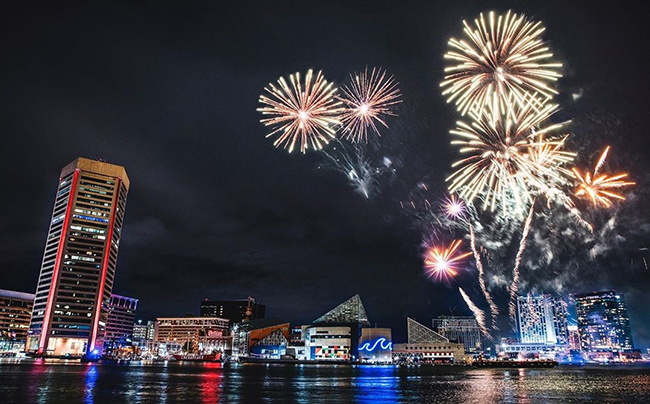 Fireworks explode over Baltimore City during the 4th of July celebration.