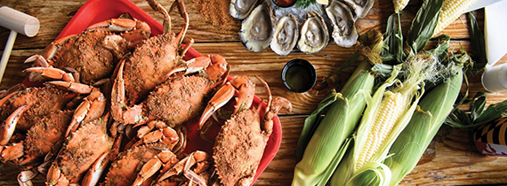 A table full of steamed crabs, corn on-the-cob, and a platter of oysters on the half-shell.