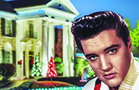 A painting of Elvis in front of the Graceland Mansion decorated for the holidays.