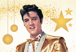 A picture of Elvis in a gold suit with gold decor in the background. 