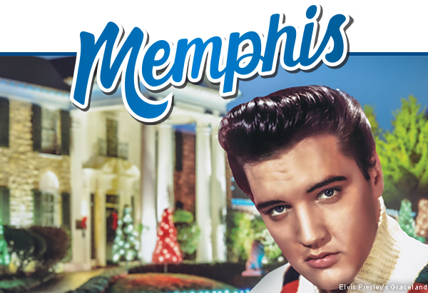 Painting of Elvis in front of the Graceland Mansion decorated for Christmas