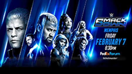 A promotional graphic with WWE wrestlers for WWE: Friday Night Smackdown in Memphis on Friday, Feb. 7 at 6:30 p.m. at FedExForum.