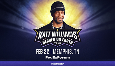 A promotional graphic of Katt Williams' Heaven on Earth Tour at FedExForum in Memphis, TN on Feb. 22