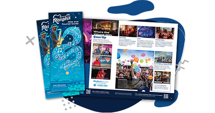 A graphic with a blue and gray background with the cover and a spread of the 2025 Memphis Map & Visitors Guide.