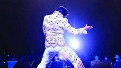 An Elvis Tribute Artist wearing a sequined jumpsuit performs on stage before a live audience