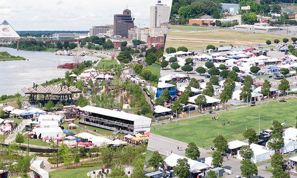 Split aerial image of SmokeSlam and World Championship Barbecue Cooking Contest.