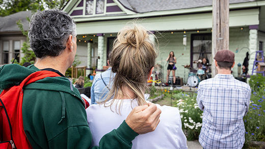 Folks watching performers during Cooper Young Porch Fest.