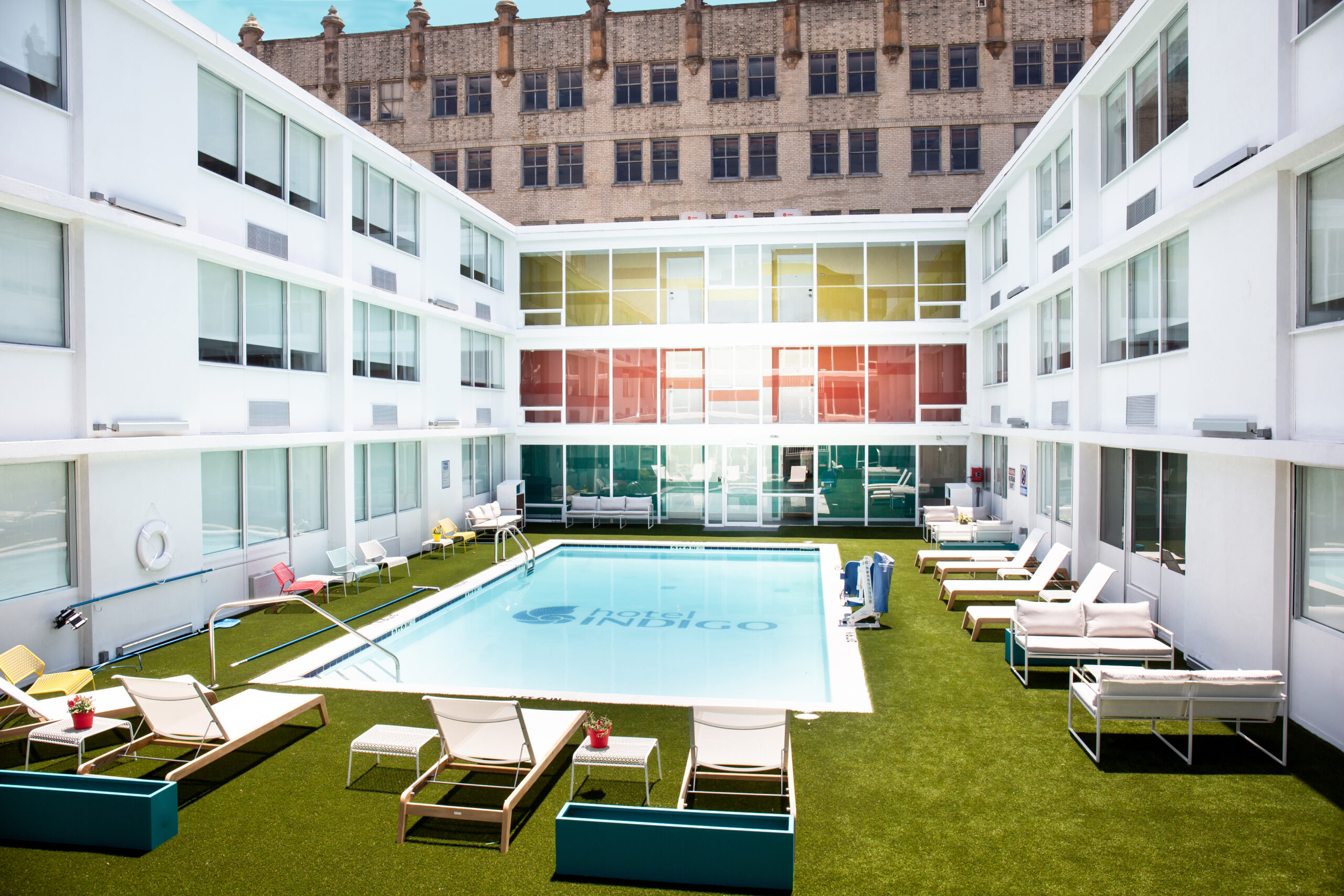 The pool and lounge chairs at Hotel Indigo in downtown Memphis. 