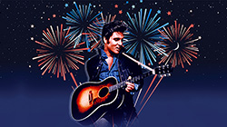 Graphic of Elvis with a guitar with fireworks in the background.