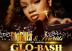 A flyer for GloRilla & Friends 1st Annual Glo Bash with a profile photo of GloRilla, her on stage in front of lights and Memphis' Hernando de Soto bridge in the background.