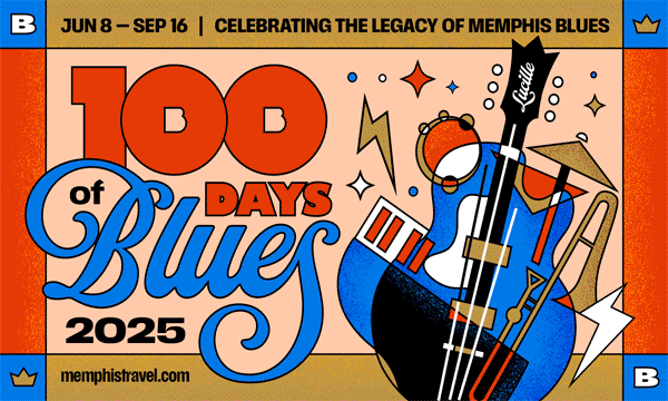 A rotating series of images for Memphis' 100 Days of Blues, including a flyer graphic 