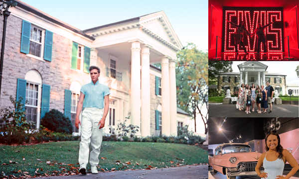 An image collage of Elvis walking the grounds at Graceland, fans posing in front of the red neon Elvis sign, a group gathered outside the mansion and fans posing in front of Elvis' iconic pink Cadillac.