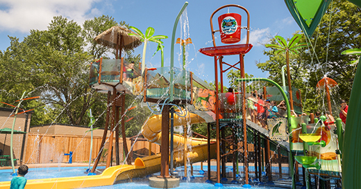 Splash park slides, buckets and other water features at Memphis Zoo.