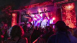 Crowd view in front of a stage illuminated with red and purple lights at Mempho Music Fest.