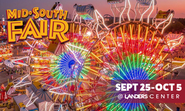 A graphic for the Mid-South Fair on Sept. 25–Oct. 5 at Landers Center with Ferris wheels and other fair rides in the background.