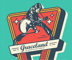 A retro-style graphic of a sign of Elvis playing guitar over the words 