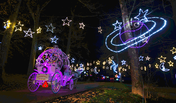 A rotating series of images showing a carriage ride through Starry Nights holiday lights attraction at Shelby Farms Park, a family of four walking through a tunnel of holiday lights at Holiday Wonders at the Memphis Botanic Garden and extravagant holiday decor inside Young Ave. Deli.