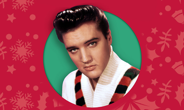 A holiday graphic in red and green with a profile of Elvis in a Christmas sweater in the center