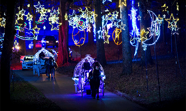 A rotating series of images showing a carriage ride through Starry Nights holiday lights attraction at Shelby Farms Park, the exterior of Elvis Presley's Graceland decorated for the holidays and people walking through holiday lights displays at Holiday Wonders at the Memphis Botanic Garden