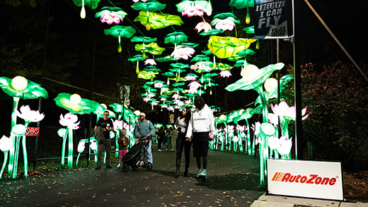 Guests walking through the light displays at Lantern Festival at Memphis Zoo.