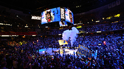 FedExForum packed with Grizz fans, with Grizzlies flag being waved by the spirit squad and a smoke machine blowing smoke. 