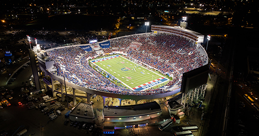 Aerial view of a packed Simmons Bank Liberty Stadium during the Liberty Bowl at night. 