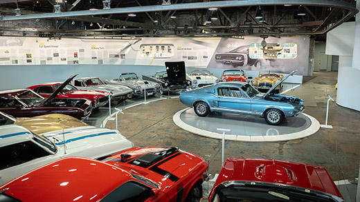 Show room of more than a dozen classic cars at the Edge Motor Museum.