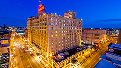 An Aerial view of the exterior of The Peabody Memphis at night. 
