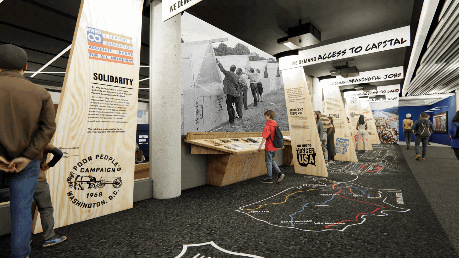 A rendering of an exhibit with visitors inside the renovated Legacy Building at the National Civil Rights Museum.
