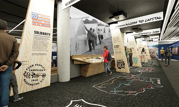 A rotating series of images of renderings of the new developments at the National Civil Rights Museum, the rooftop terrace at the Metal Museums new building and of the Memphis Art Museum  being built on the riverfront.