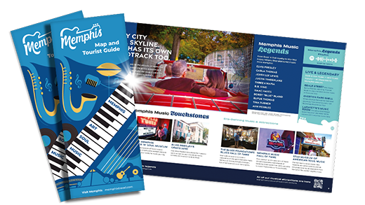 A mockup of the cover and an internal spread of the 2026 Memphis Map and Tourist Guide.