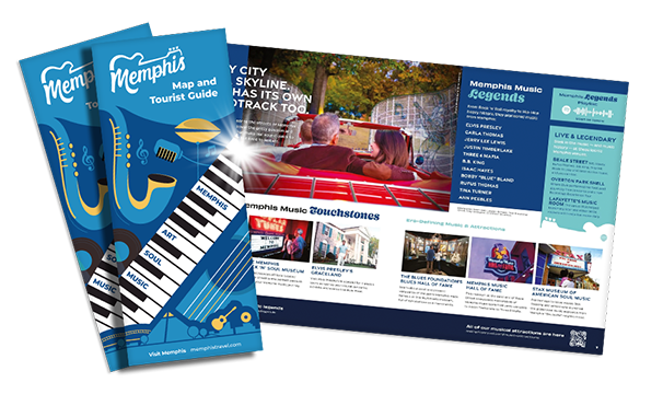 A mockup of the 2026 Memphis Map and Tourist Guide, showing the front cover and an internal spread on Memphis music legends.