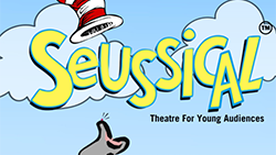 Flyer for Seussical the Musical with clouds, the red and white striped hat from