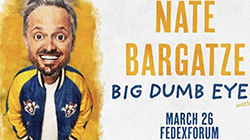 Promotional graphic for the Nate Bargatze: Big Dumb Eyes tour coming to FedExForum on March 26, with an illustration of Nate shown on the image.