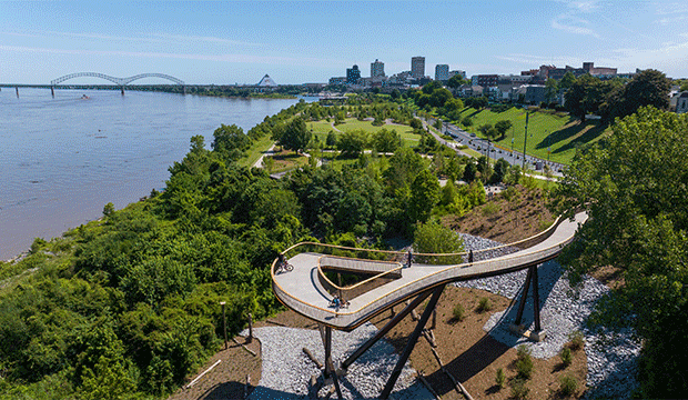 Elevated pedestrian pathway on the banks of the Mississippi River.