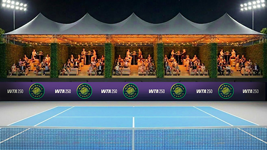 Rendering of VIP tented grandstand booths lining tennis court.