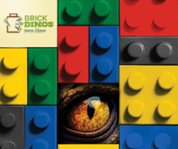 A flyer with lego bricks and a dinosaur eye for the