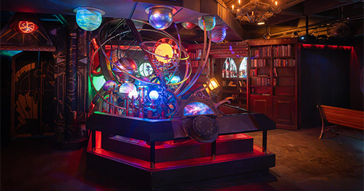 Futuristic display with glowing globes.