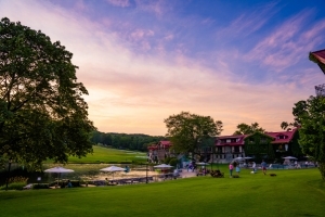 A sunset over a golf course.