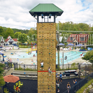 An outdoor rock climbing wall.