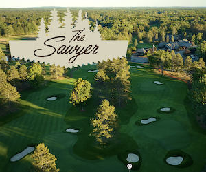 A golf course with sand traps and trees.