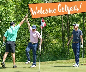 Three golfers on a golf course with overlaying text that reads "Welcome Golfers".
