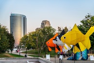 Large fish-shaped lantern art installations in a park in Grand Rapids. 
