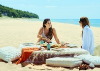Two woman having a picnic on the shore of Lake Michigan.