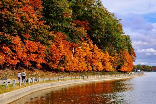 People walking on a trail beside and inland lake surrounded by fall trees. 