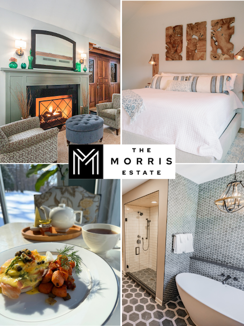 collage of photo with images of bedroom, fireplace in the lobby, dining, and bathroom area.